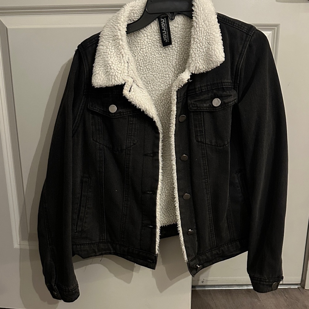 Forever 21 Black Jean Jacket with White Sherpa Lining